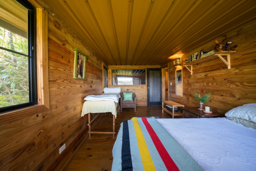 Guest bedroom with queen bed and massage table